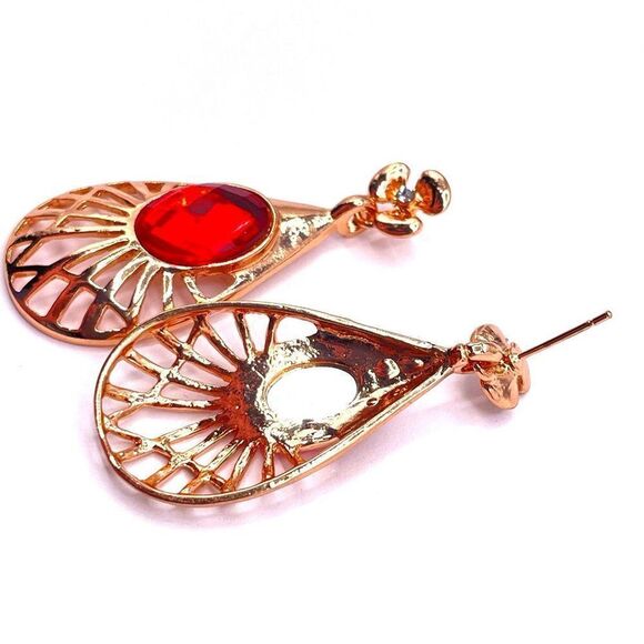 Yellow Gold with Ruby and White Crystal Teardrop Flower Post Back Earrings - Picture 5 of 6